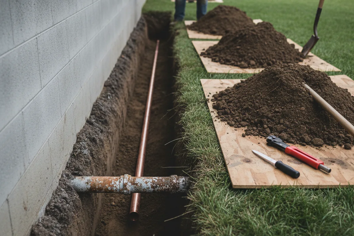 Excavated water line trench during Water Heater Repair in Alexandria